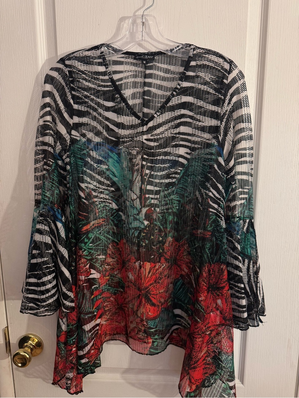 Sheer Black & White Zebra blouse/Tunic with Red Floral Accents